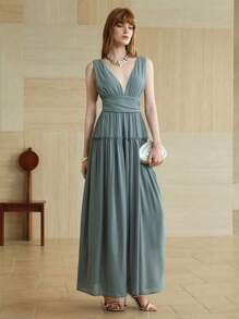 SHEIN LUNE Women's Chiffon Elegant V-Neck Ruched Waist With Slit Blue Maxi Dress, Suitable For Work And Vacation,Casual Dresses For Woman,Vacation Dress,Wedding Guest Dress Women,Graduation Dresses For Women,Dresses For Women Elegant,Modest Dresses For Women,Summer Dresses For Women,Wedding Guest Dress Women,Casual Dresses For Woman,Wedding Guest Dress Women,Flowy Dress