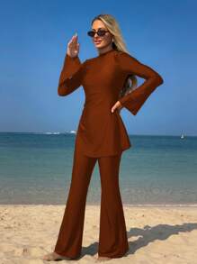 Swim Mulvari 女士新款纯色夏季两件套高领长袖连衣裙褶皱喇叭袖收腰保守泳衣海滩度假防紫外线