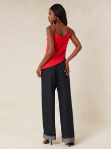 NYA SZN Jeans de tiro alto de lavado oscuro con dobladillo, casual básico de uso diario para mujer