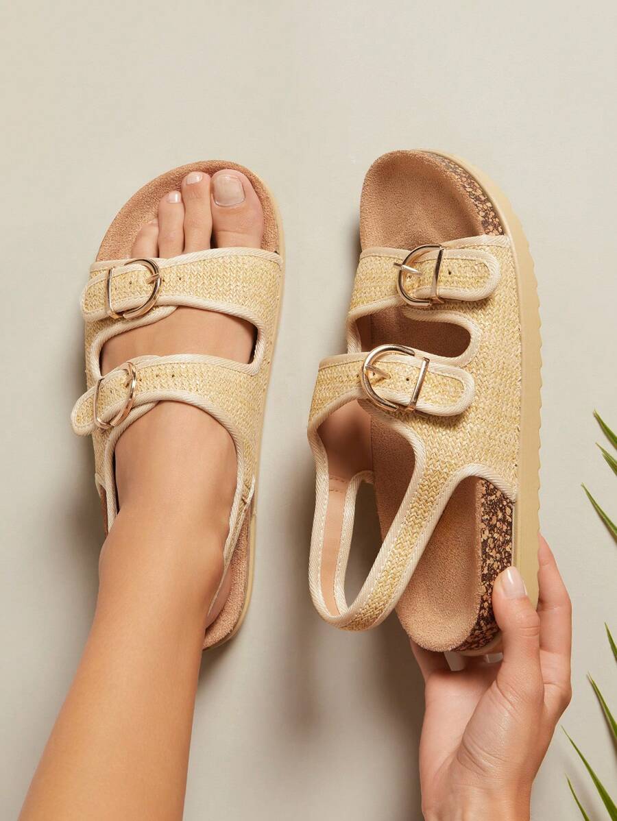 SHUZIA 女士可调节双扣带软木鞋垫拖鞋 - 米色 - 查看 1