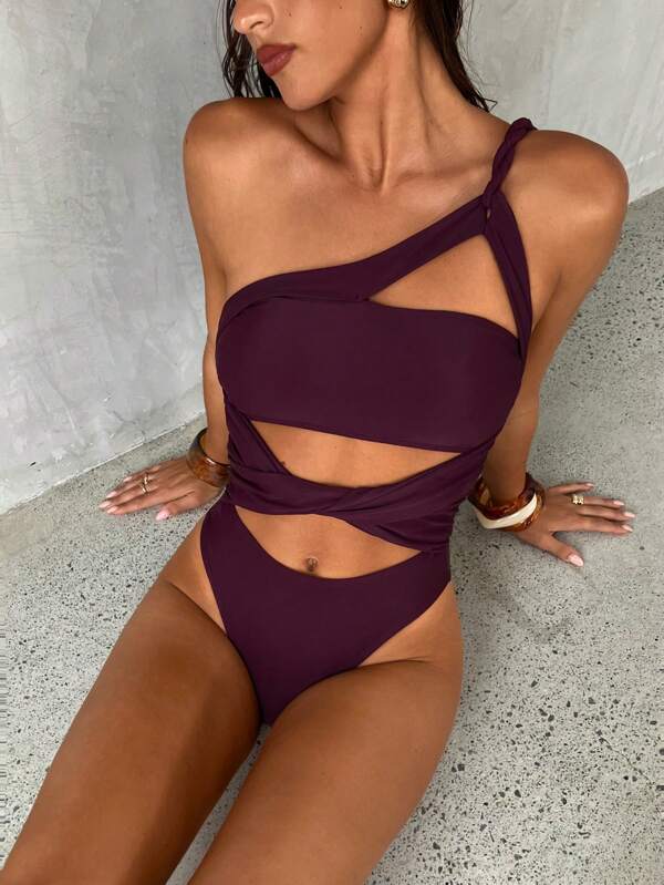 Aloruh Costum de baie nou pentru femei, primăvară/vară, design halter de culoare vișinie solidă, cu bretele răsucite torsionale, costum de baie dintr-o singură piesă, elegant, sexy, retro, romantic, potrivit pentru plajă și vacanță