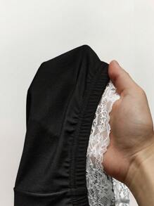 Amplova 2 Stücke/Set Farbblock Spitzen-Patchwork-Top mit Schleifendekor und Mini-Shorts mit Bundfalte - Schwarz - Übersicht 10