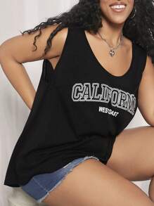 SHEIN CURVE+ Plus Size Letter Printed Tank Top For Summer - Black - View 5