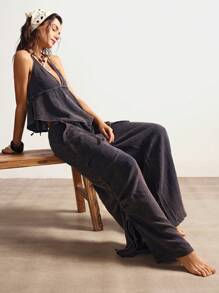 Bohemela Women Relaxed Fit Woven Solid Color Wide Leg Washed Pants Lace Up Pants Tie Pants Gauze Pants Boho Pants Wide Leg Pants - Black - View 4