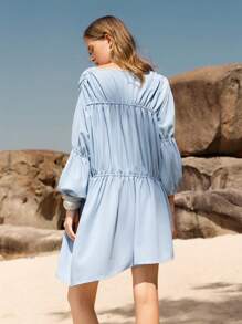 Lumivelle Vestido casual para mujer de color liso con escote en V, plisado y lazo - Celeste - Ver 2