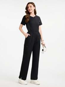 TaskEZ Women Scrub Uniform Top With Pockets & Long Pants Set, Workout Clothes Women Scrub Sets For Women Scrubs Scrub Set Nurse Scrub Sets Women - Black - View 6