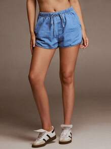 SHEIN Forever 21 Quần short denim cạp chun co giãn mùa hè mới cho nữ, quần short đi nghỉ thoải mái, cạp trễ - Rửa nhẹ - Xem 3