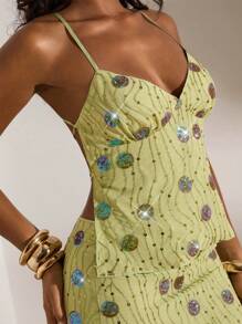 Opulessa 夏季女式无袖上衣，撞色亮片拼接，背面系带设计 - 綠色 - 查看 4