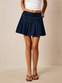 Poéselle Váy mini denim đơn sắc có khóa kéo bên hông dành cho nữ, dễ mặc, đa năng - Rửa tối - Xem 4