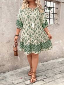 EMERY ROSE 大码时尚波西米亚风流苏七分袖休闲直筒连衣裙 - 杏色 - 查看 5