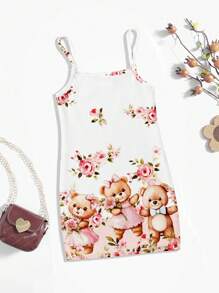 SHEIN Vestido de tirantes ajustado con estampado floral y de ositos, de color rosa, ideal para el verano, para bebé niña - Multicolor - Ver 3