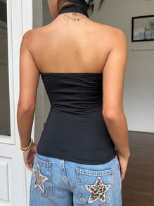 SHEIN EZwear Black Casual Women's Metal Decor Halter Neck Tank Top, For Going Out - Black - View 2