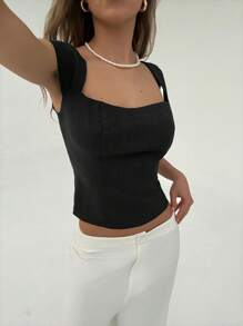 Aloruh Top corto sexy con cuello cuadrado y escote ultra bajo, camisa con botones estilo clubwear, top de cuello cuadrado