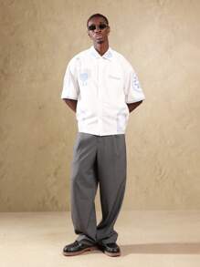 Sumwon 夏季系列短袖纽扣衬衫复古棕榈印花休闲度假海滩度假家居服