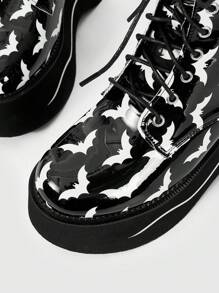 ROMWE Goth 女式厚底蝙蝠图案靴，朋克哥特风格系带踝靴，时尚拉链粗跟 Y2K 靴子，适合秋季、万圣节 - 黑色 - 查看 3