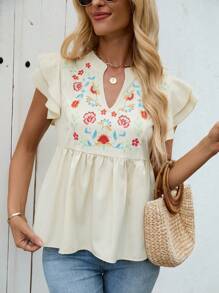 Breezaya Women's Floral Print Ruffle Hem Short Sleeve Shirt, Summer - Apricot - View 4