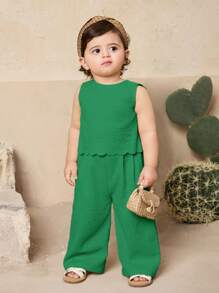 Travachic KIDS Babygirl 夏季可爱荷叶边无袖背心和裤子套装 - 綠色 - 查看 5