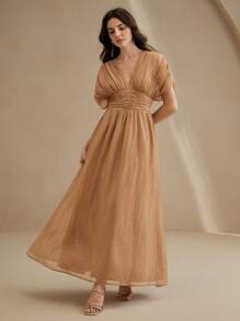 Anewsta 女式 V 领荷叶边肩袖收腰连衣裙，海滩度假装，春夏 - 摩卡棕 - 查看 3