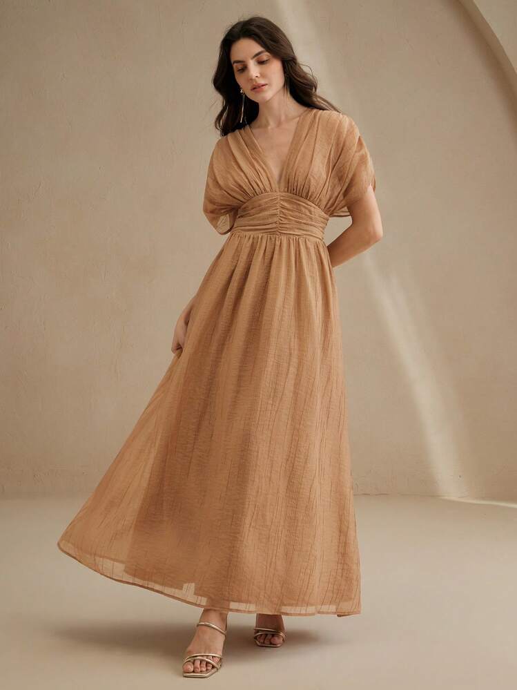 Anewsta 女式 V 领荷叶边肩袖收腰连衣裙，海滩度假装，春夏 - 摩卡棕 - 查看 3