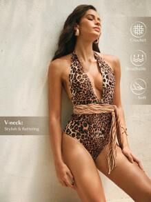 Anewsta Costum de baie elegant, dintr-o singură piesă, în stil boho, modelator și subțire, cu pliuri, potrivit pentru vacanța de vară. - Multicolor - Vizualizare 1