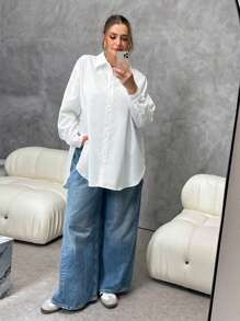 SHEIN Essnce Camisa básica de manga larga con botones, blusa suelta y casual para mujer de talla grande, estilo "old money", para trabajo, otoño, con abertura lateral alta, camisa blanca básica de manga larga, para homecoming, atuendos de aeropuerto