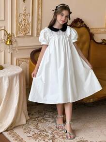 DAZY 女童优雅棉质刺绣泡泡袖拼布连衣裙，夏季，返校服 - 白色 - 查看 5