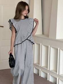 Hapijoa 女童条纹荷叶边背心和直筒裤套装 - 藍色 - 查看 1