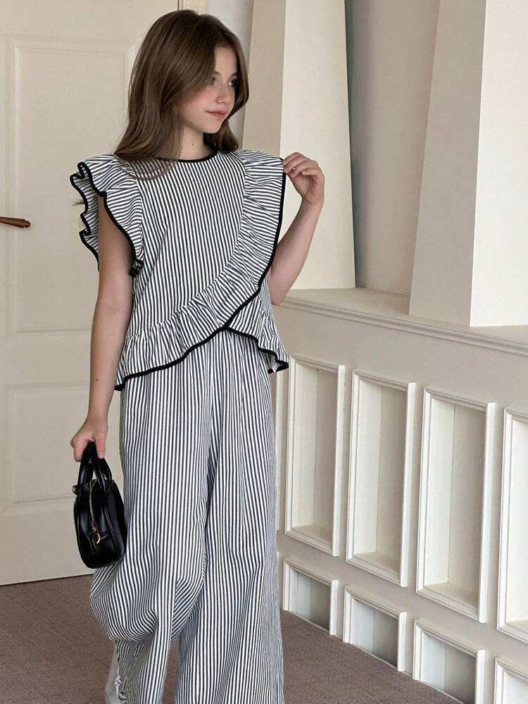 Tween Girls' Striped Ruffle Trim Tank Top And Straight Leg Pants Set