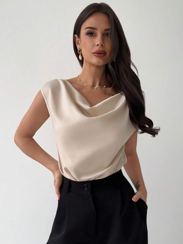 Firerie Minimalist Elegant Glitch Pattern Sleeveless Satin Asymmetric Ruffle Collar Bodysuit, Suitable For Dates, Commuting, Workwear, Graceful Chic