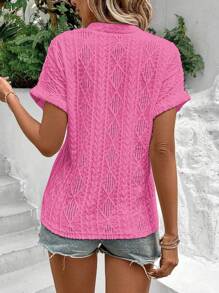 SHEIN LUNE Suéter de mujer de manga corta con cuello en V, de unicolor, tejido jacquard - Rosa Fucsia - Ver 2