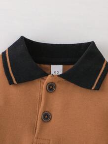 SHEIN Vintaside Kids 男婴拼布马球领连体短裤 - 棕色 - 查看 3