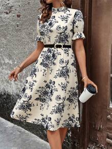 EMERY ROSE 女式热带印花泡泡袖立领连衣裙 长款女装 女式中长连衣裙 女士休闲连衣裙 女士复古连衣裙 女士休闲连衣裙 女士休闲连衣裙 - 黑色 - 查看 3