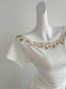 Rafferiza Fashion Casual Vacation Bohemian Shell Sequin Tassel Pleated Fitted Asymmetric Hem Off-Shoulder Short Sleeve T-Shirt