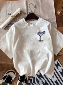 Attitoon 休闲圆领短袖修身女士T恤，鸡尾酒印花，适合夏季