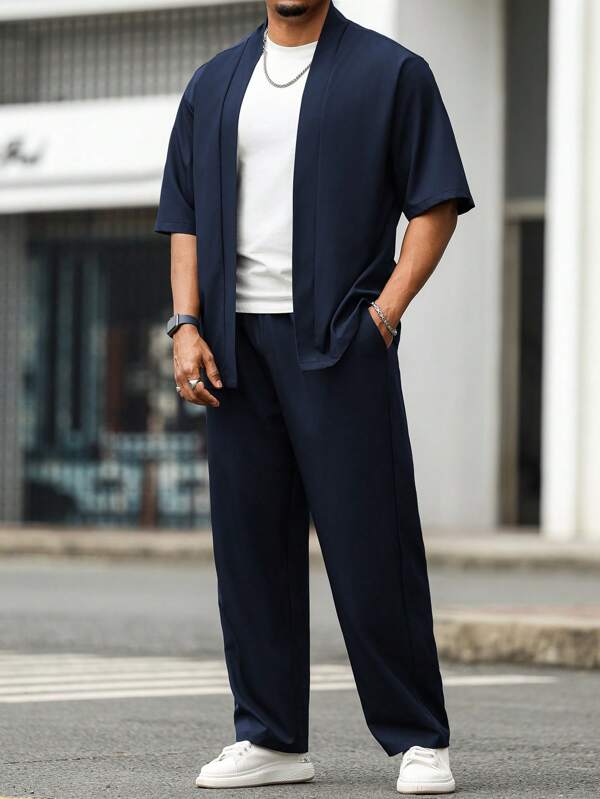 Manfinity Homme Plus Size Men's Shirt Set, Versatile & Slimming, Fashionable & Casual, Easy To Pull Off, Short Sleeve Shirt & Shorts Set,Comfort And Suitability For Various Casual Occasions, Cozy Outfits