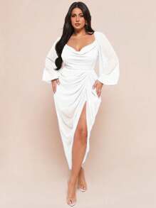 SHEIN BAE Plus Size Women's Elegant Party Date Sexy Glitter Sequins Draped Neck Ruched Asymmetrical Hem Slit Dress With Long Sleeve, Olive Green - White - View 3