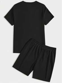 Manfinity Homme Black Plus Size Men's Simple Letter Print T-Shirt & Shorts Set Men 2 Pieces Outfits Short Set - Black - View 4