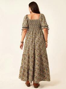 SHEIN LUNE Plus Size Women's Slouchy Casual Style Beach Vacation Outfit Fourth Of July Women Chic Retro Square Neck Romantic Cozy Fit Floral Multi-Layered Chillax Dress For The Holidays Bohemian Dress Teacher Outfits For Women Graduation Dresses For Women - Multicolor - View 2