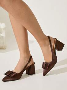 CUCCOO CHICEST 女士优雅方头粗跟一脚蹬高跟鞋，带蝴蝶结装饰，巧克力棕色，适合工作、约会、下午茶，百搭衣橱必备