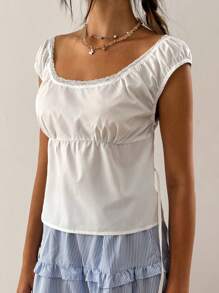 Jouncy 女式休闲纯色蕾丝边T恤，夏季 - 白色 - 查看 5