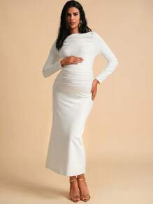 MaterniChic 孕妇长款优雅纯色紧身连衣裙 - 白色 - 查看 6