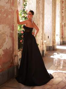 Glamrae 优雅浪漫黑色波尔卡圆点网眼手工四叶草立体花朵抹胸腰褶透视连衣裙适合约会派对鸡尾酒会舞会婚礼活动毕业典礼正式场合晚宴礼服（重工款）、派对礼服、长袍、晚装、婚礼宾客