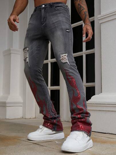 Street Life Men's Rhinestone Flared Layered Denim Jeans With Sparkling Diamond Flame Print