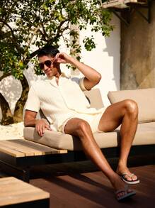 Manfinity Swimmode Men's Solid Color Short Sleeve Single-Breasted Shirt & Shorts Beach Suit Set Summer Two Pieces Set For Men Men S Shirt Set