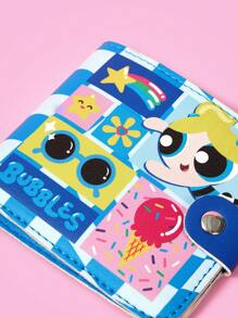 THE POWERPUFF GIRLS X SHEIN Bubbles Pattern Light Blue Curved Check Fashionable Summer Wallet