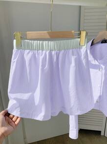 Comfortcana Lavender Woven Women's Striped Print Button Front Short Sleeve Top & Shorts Casual Matching Set - Mauve Purple - View 7