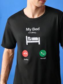 Notgurli 休闲“我的床”图案舒适套头 T 恤，适合年轻男士、家居服 - 黑色 - 查看 3