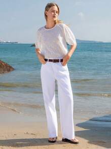 Lumivelle 女士镂空刺绣短袖衬衫，休闲度假装 - 白色 - 查看 3