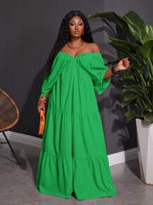SHEIN CURVE+ Plus Size V-Neck Dress For Summer Holiday, Orange Boho Vacation Beach Outfits For Woman/Beach Dress/Beach Vacation Outfits/Beach Essentials / Graduation/Tea Party Dress - Green - View 3