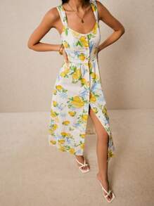 Poéselle 奶油黄连衣裙，棉质印花连衣裙，柠檬印花连衣裙，前襟纽扣装饰，舒适透气面料，女士水果印花单排扣休闲中长吊带连衣裙，夏季长款连衣裙，适合日常穿着、外出、通勤、约会、度假等场合，波西米亚风女装 - 彩色 - 查看 4